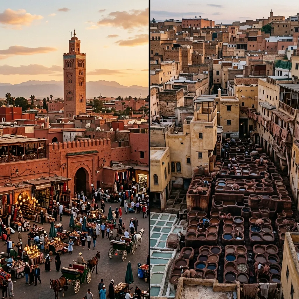 A beautiful split-screen comparison of the terracotta walls of Marrakech and the ancient labyrinthine alleyways of Fes