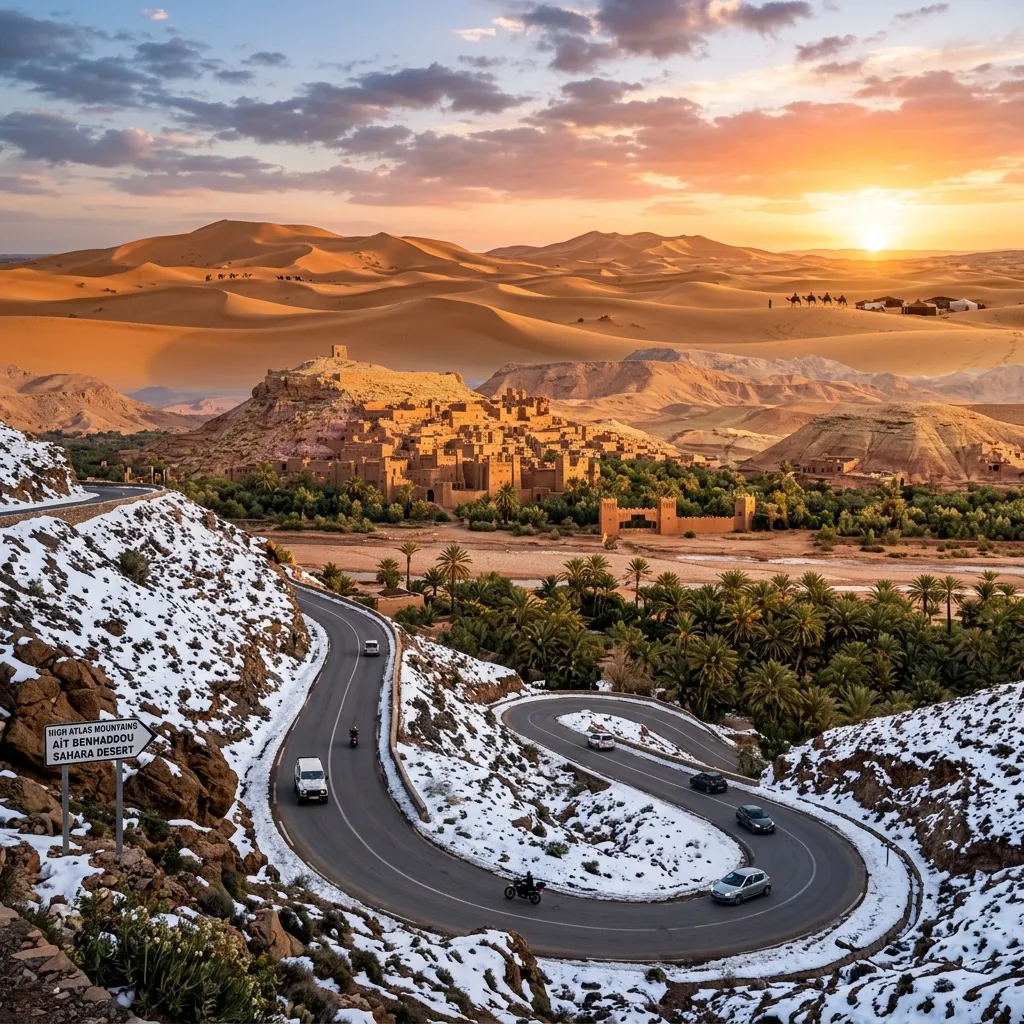 A breathtaking panoramic landscape of Morocco showcasing a diverse 10-day road trip itinerary