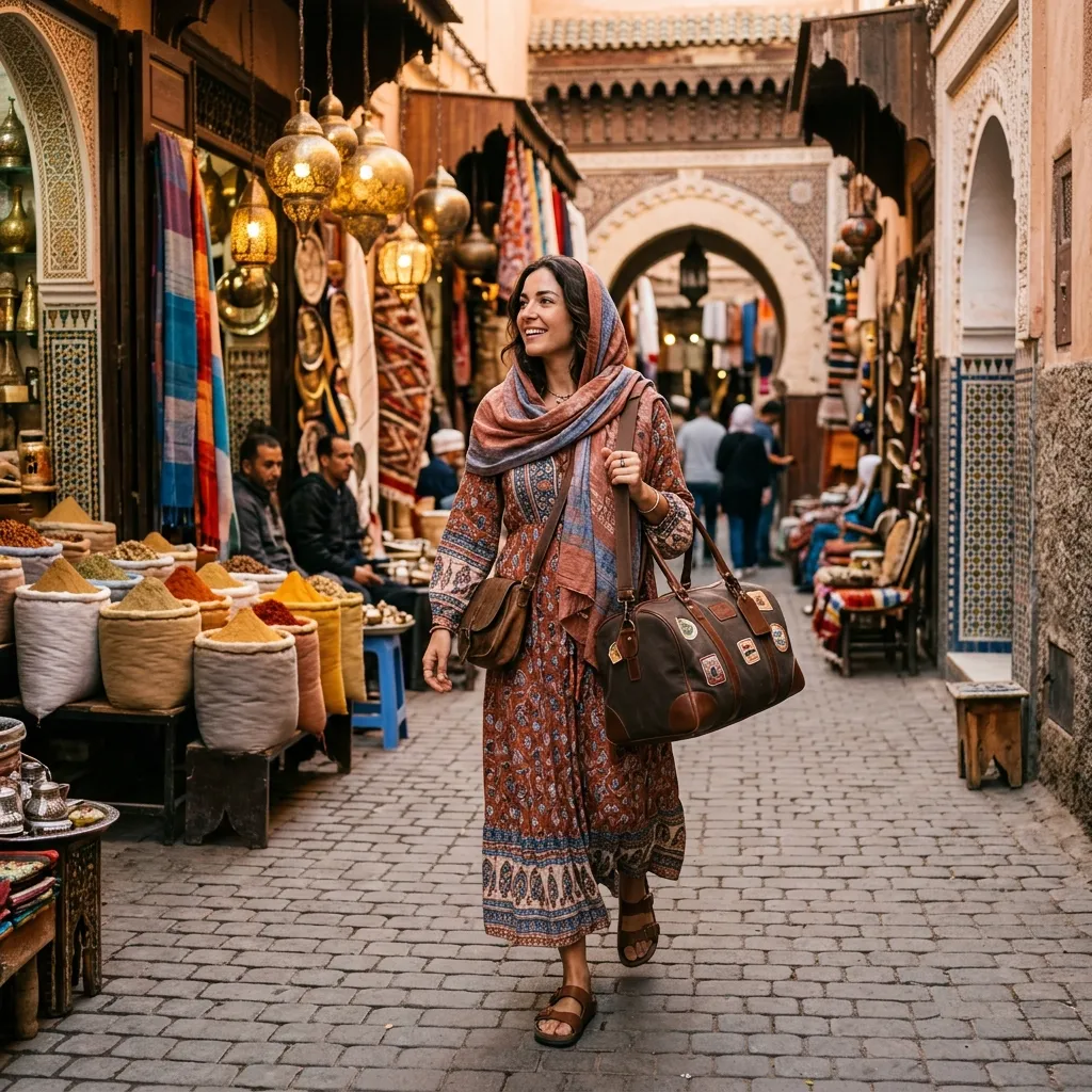 A stylish female traveler in the Marrakech medina wearing appropriate flowy clothes