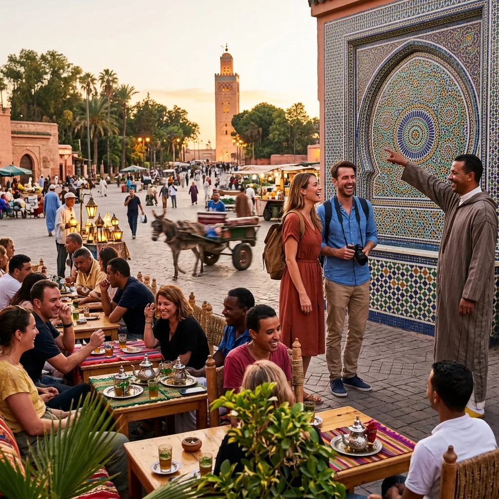 Tourists and locals happily mingling and drinking mint tea in a safe, vibrant Moroccan plaza